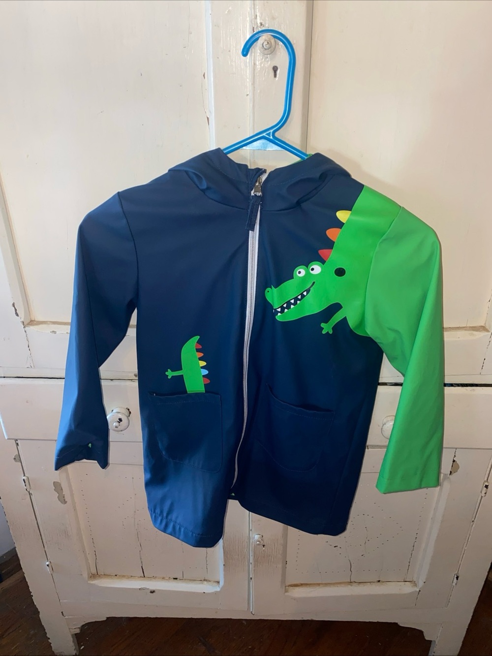 Kids Navy and Green Dino Hooded Swim Jacket